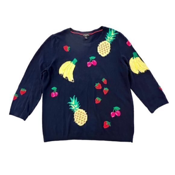Talbots Navy Blue Embroidered Fruit Knit Pullover Sweater Women's Sz Large P - Picture 2 of 11